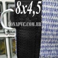 Lona 8,0 x 4,5m Tela PEAD Premium Caminhão ExtraForte Prata/Azul 90% de Sombreamento com argolas "D" INOX a cada 50cm